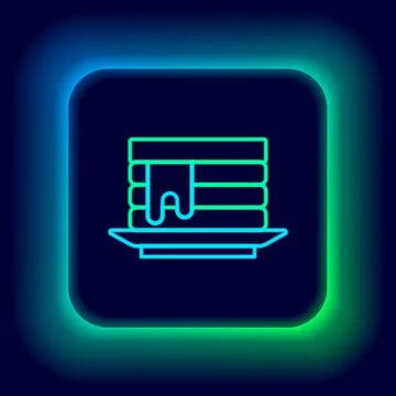 Glowing neon line Stack of pancakes with honey icon isolated on black background 스톡 일러스트