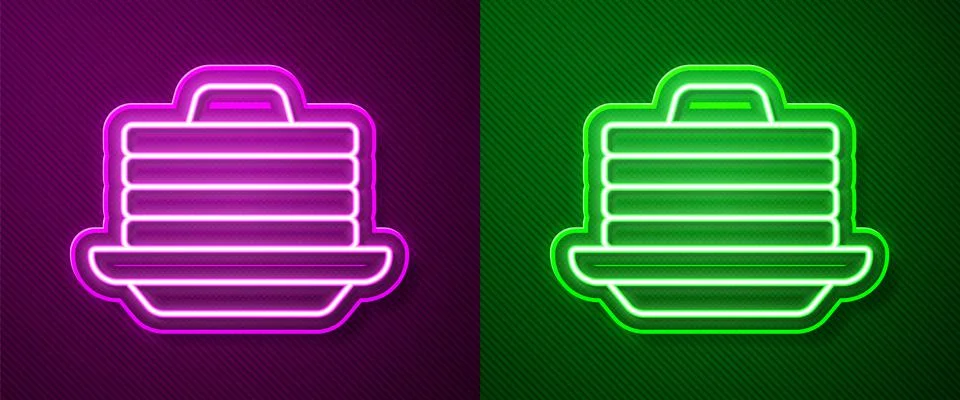 Glowing neon line Stack of pancakes with honey icon isolated on purple and green 스톡 일러스트