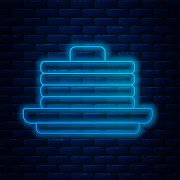 Glowing neon line Stack of pancakes icon isolated on brick wall background Stock Illustration