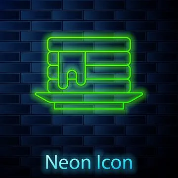 Glowing neon line Stack of pancakes with honey icon isolated on brick wall .. Illustrazione stock