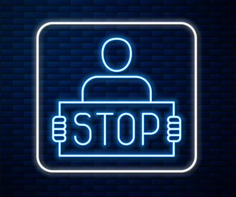 Glowing neon line Stop war icon isolated on brick wall background. Antiwar Stock Illustration