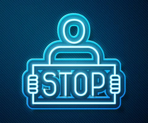 Glowing neon line Stop war icon isolated on blue background. Antiwar protest Stock Illustration