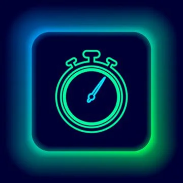 Glowing neon line Stopwatch icon isolated on black background. Time timer sign イラスト素材