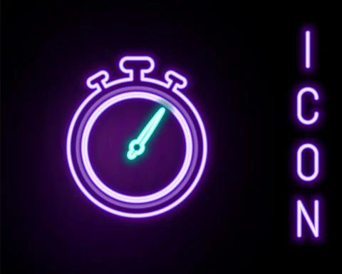 Glowing neon line Stopwatch icon isolated on black background. Time timer sign Stock Illustration