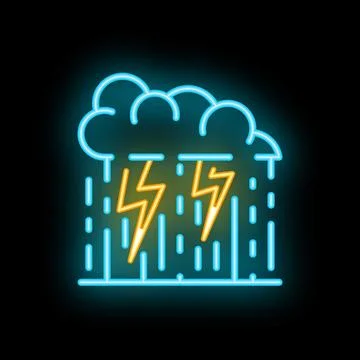Glowing neon line storm icon isolated on black background. Thunderstorm with  Stock Illustration