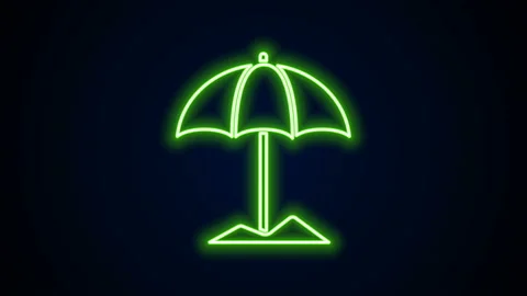Glowing neon line Sun protective umbrella for beach icon isolated on black Stock Footage 142105266