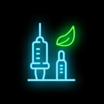 Glowing neon line syringe with a leaf icon isolated on black background Stock Illustration