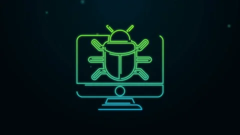 Glowing neon line System bug on monitor icon isolated on black background. Code Stock Footage 140362196