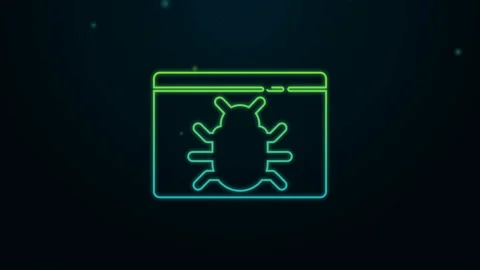 Glowing neon line System bug concept icon isolated on black background. Code bug Stock Footage 140362275