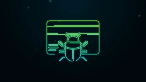 Glowing neon line System bug in credit card icon isolated on black background Stock Footage 140362435