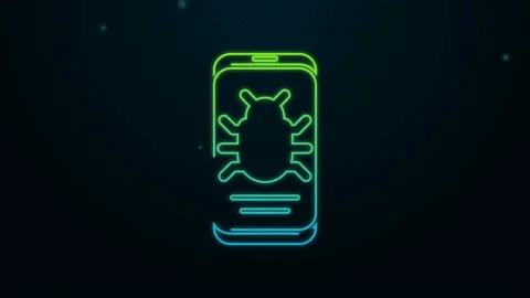 Glowing neon line System bug on mobile icon isolated on black background. Code Vídeos de archivo 140362691