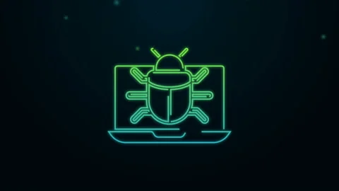 Glowing neon line System bug on monitor icon isolated on black background. Code Vídeos de archivo 140362872