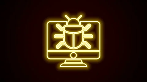 Glowing neon line System bug on monitor icon isolated on black background. Code Stock Footage 142480353