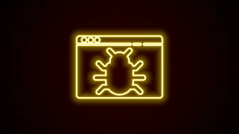Glowing neon line System bug concept icon isolated on black background. Code bug Stock Footage 142480583