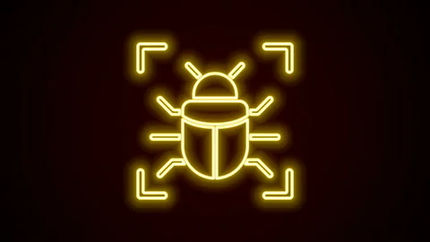 Glowing neon line System bug concept icon isolated on black background. Code bug Stock Footage 142480633