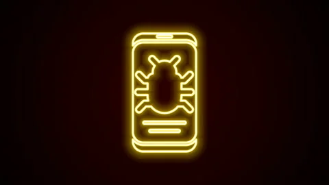 Glowing neon line System bug on mobile icon isolated on black background. Code Stock Footage 142481579