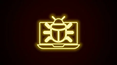 Glowing neon line System bug on monitor icon isolated on black background. Code Stock Footage 142481745