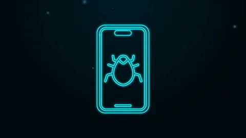 Glowing neon line System bug on mobile icon isolated on black background. Code Stock Footage 145440954