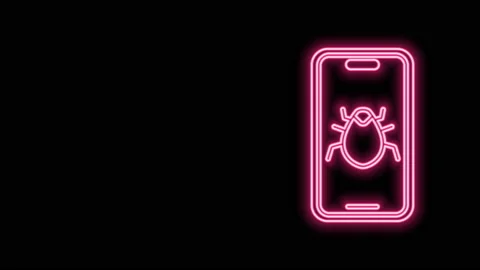 Glowing neon line System bug on mobile icon isolated on black background. Code Stock Footage 145440966