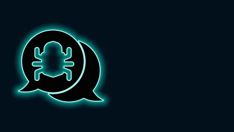 Glowing neon line System bug concept icon isolated on black background. Code bug Stock Footage 147226238