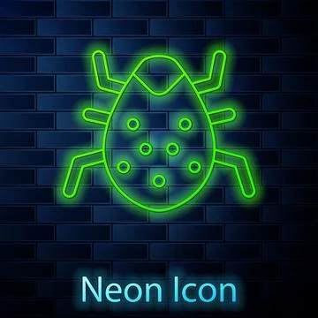 Glowing neon line System bug concept icon isolated on brick wall background Stock-Illustration