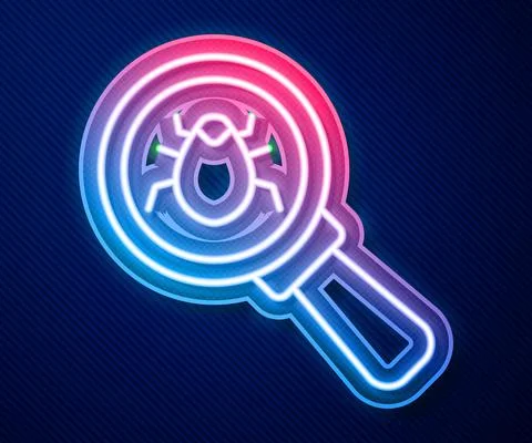 Glowing neon line System bug concept icon isolated on blue background. Code bug Stock Illustration