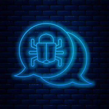 Glowing neon line System bug concept icon isolated on brick wall background Illustrazione stock