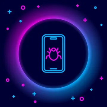 Glowing neon line System bug on mobile icon isolated on black background. Code 스톡 일러스트