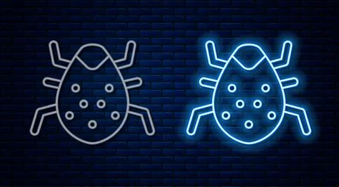 Glowing neon line System bug concept icon isolated on brick wall background Stock-Illustration