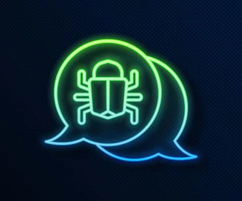 Glowing neon line System bug concept icon isolated on blue background. Code bug Stock Illustration