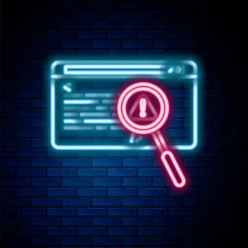 Glowing neon line System bug concept icon isolated on brick wall background Illustrazione stock
