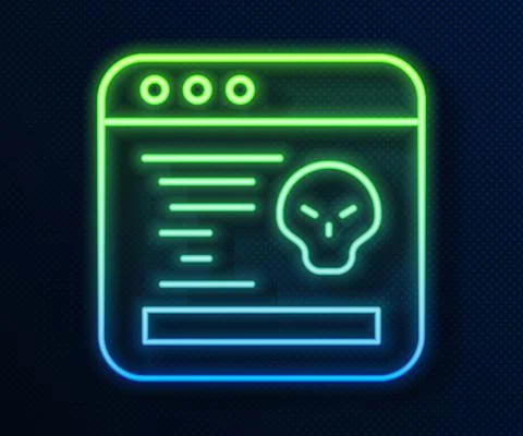 Glowing neon line System bug concept icon isolated on blue background. Code bug Stock Illustration