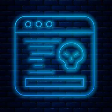Glowing neon line System bug concept icon isolated on brick wall background Stock-Illustration