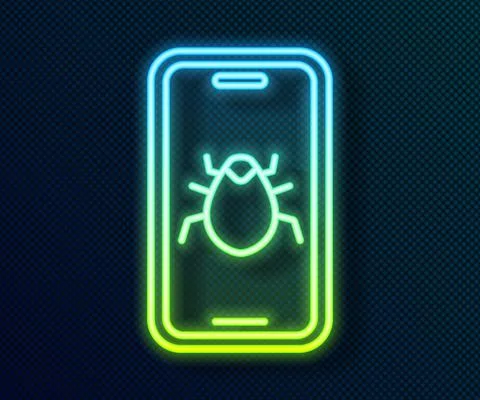 Glowing neon line System bug on mobile icon isolated on black background. Code Stockillustratie
