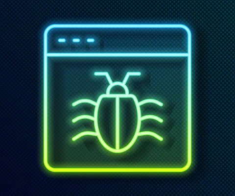 Glowing neon line System bug concept icon isolated on black background. Code bug Stock Illustration