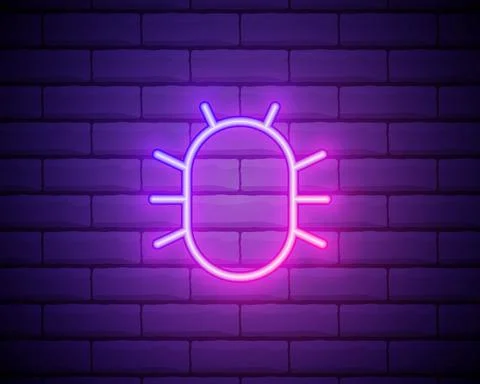 Glowing neon line System bug concept icon isolated on brick wall background.  Illustrazione stock
