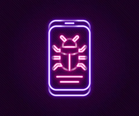 Glowing neon line System bug on mobile icon isolated on black background. Code Illustrazione stock