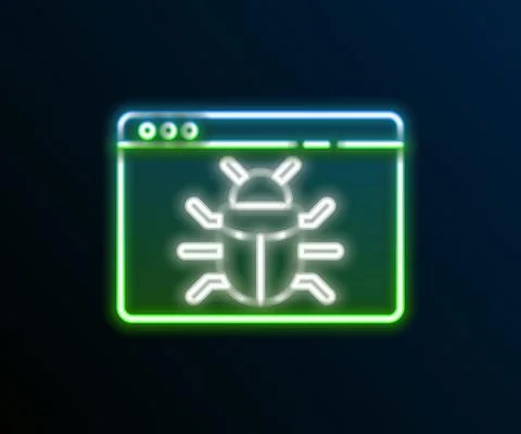 Glowing neon line System bug concept icon isolated on black background. Code bug Illustrazione stock