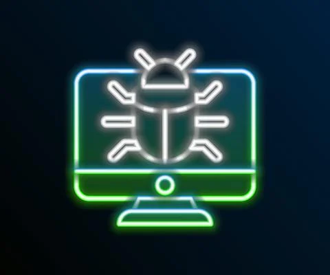 Glowing neon line System bug on monitor icon isolated on black background. Code Stock Illustration