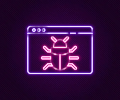 Glowing neon line System bug concept icon isolated on black background. Code bug Illustrazione stock
