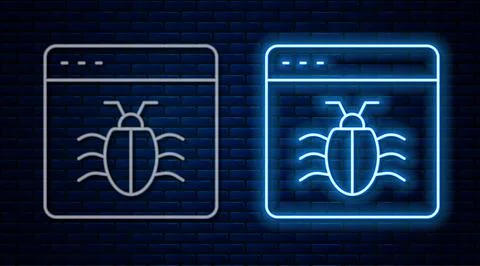 Glowing neon line System bug concept icon isolated on brick wall background.  Illustrazione stock