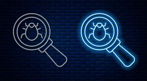 Glowing neon line System bug concept icon isolated on brick wall background Stock-Illustration