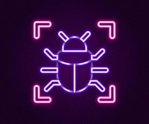 Glowing neon line System bug concept icon isolated on black background. Code bug イラスト素材