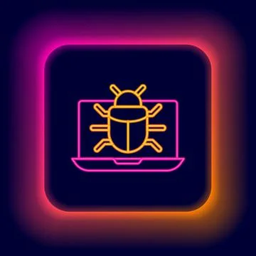 Glowing neon line System bug on monitor icon isolated on black background. Code Stock Illustration