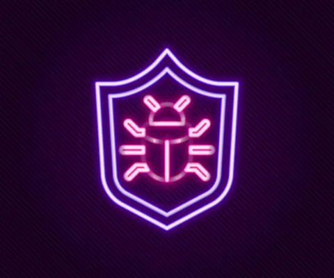 Glowing neon line System bug concept icon isolated on black background. Code bug Stock Illustration