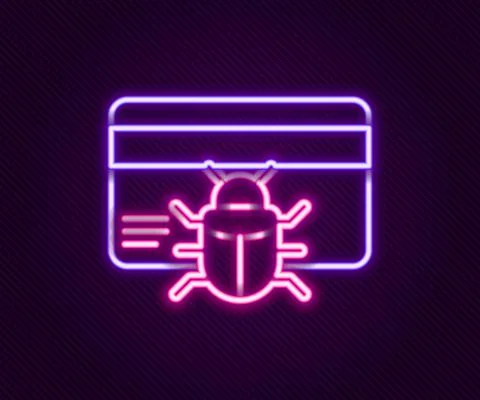 Glowing neon line System bug in credit card icon isolated on black background Stockillustratie