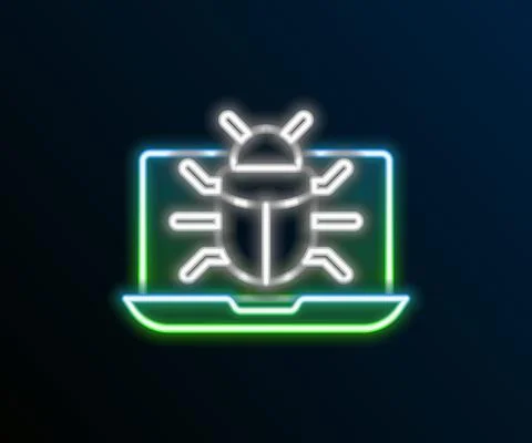 Glowing neon line System bug on monitor icon isolated on black background. Code Stock Illustration