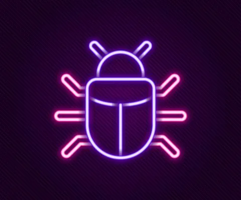 Glowing neon line System bug concept icon isolated on black background. Code bug Stock Illustration