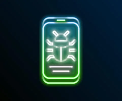 Glowing neon line System bug on mobile icon isolated on black background. Code 스톡 일러스트