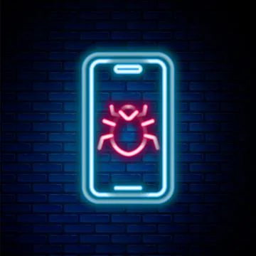 Glowing neon line System bug on mobile icon isolated on brick wall background 스톡 일러스트
